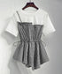 ドッキングペプラムブラウス 半袖トップス レディース ウエストマーク レイヤード風夏服 大人可愛い ウエストギャザートップス 体型カバーカットソーフレアシルエット 83MTHXZ-001