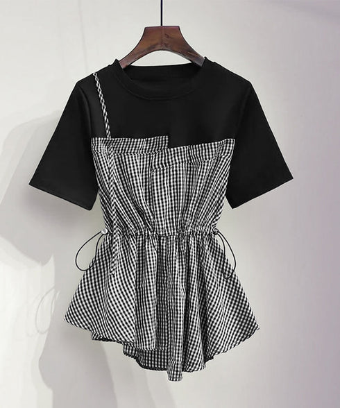 ドッキングペプラムブラウス 半袖トップス レディース ウエストマーク レイヤード風夏服 大人可愛い ウエストギャザートップス 体型カバーカットソーフレアシルエット 83MTHXZ-001