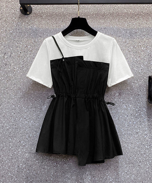 ドッキングペプラムブラウス 半袖トップス レディース ウエストマーク レイヤード風夏服 大人可愛い ウエストギャザートップス 体型カバーカットソーフレアシルエット 83MTHXZ-001