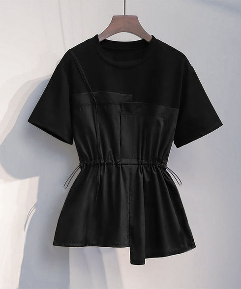 ドッキングペプラムブラウス 半袖トップス レディース ウエストマーク レイヤード風夏服 大人可愛い ウエストギャザートップス 体型カバーカットソーフレアシルエット 83MTHXZ-001