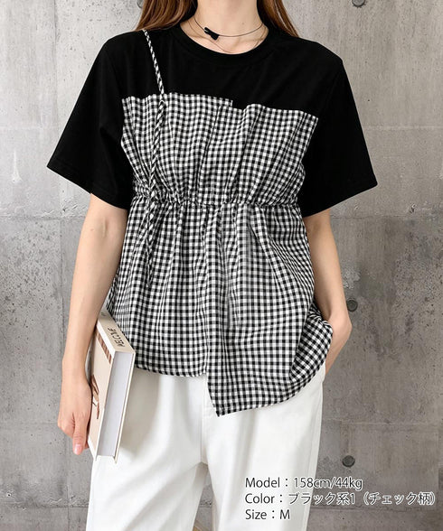 ドッキングペプラムブラウス 半袖トップス レディース ウエストマーク レイヤード風夏服 大人可愛い ウエストギャザートップス 体型カバーカットソーフレアシルエット 83MTHXZ-001