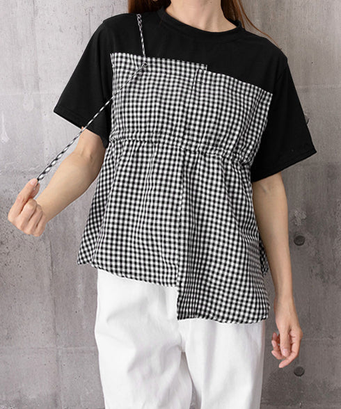 ドッキングペプラムブラウス 半袖トップス レディース ウエストマーク レイヤード風夏服 大人可愛い ウエストギャザートップス 体型カバーカットソーフレアシルエット 83MTHXZ-001