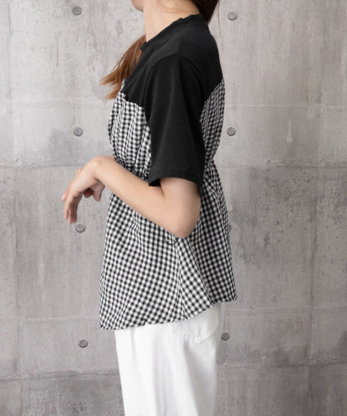 ドッキングペプラムブラウス 半袖トップス レディース ウエストマーク レイヤード風夏服 大人可愛い ウエストギャザートップス 体型カバーカットソーフレアシルエット 83MTHXZ-001