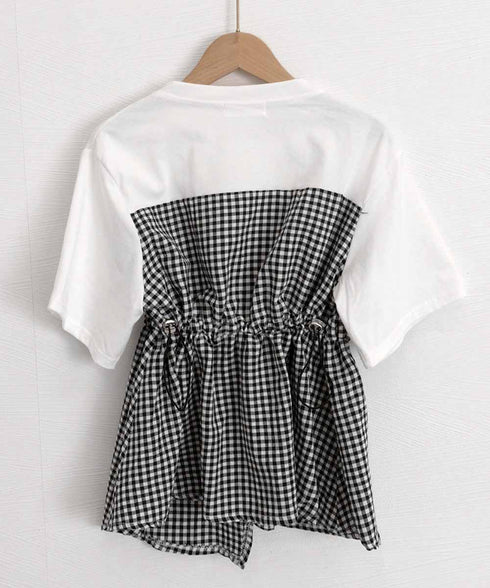 ドッキングペプラムブラウス 半袖トップス レディース ウエストマーク レイヤード風夏服 大人可愛い ウエストギャザートップス 体型カバーカットソーフレアシルエット 83MTHXZ-001