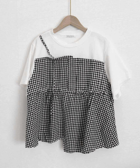 ドッキングペプラムブラウス 半袖トップス レディース ウエストマーク レイヤード風夏服 大人可愛い ウエストギャザートップス 体型カバーカットソーフレアシルエット 83MTHXZ-001
