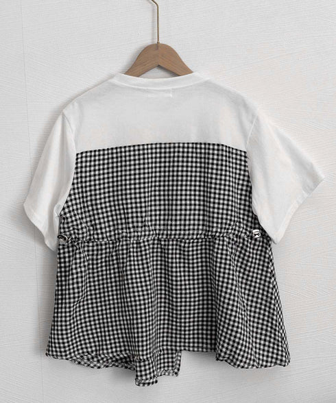 ドッキングペプラムブラウス 半袖トップス レディース ウエストマーク レイヤード風夏服 大人可愛い ウエストギャザートップス 体型カバーカットソーフレアシルエット 83MTHXZ-001