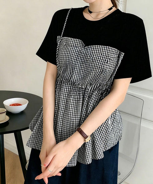 ドッキングペプラムブラウス 半袖トップス レディース ウエストマーク レイヤード風夏服 大人可愛い ウエストギャザートップス 体型カバーカットソーフレアシルエット 83MTHXZ-001