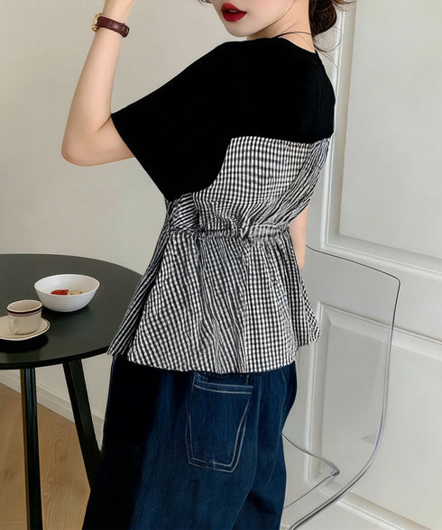 ドッキングペプラムブラウス 半袖トップス レディース ウエストマーク レイヤード風夏服 大人可愛い ウエストギャザートップス 体型カバーカットソーフレアシルエット 83MTHXZ-001