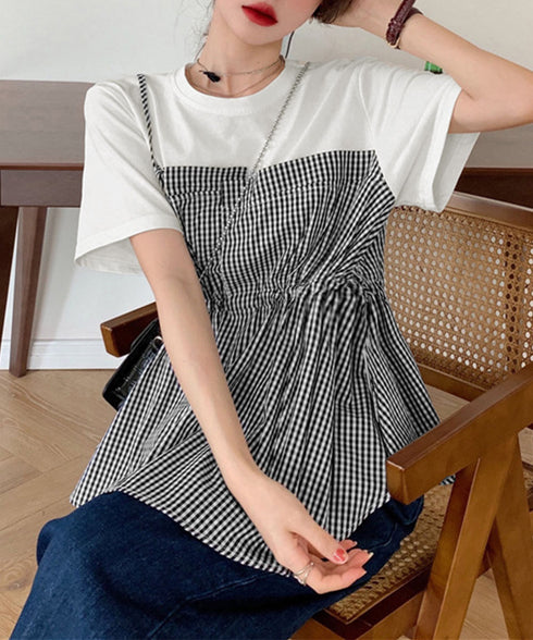 ドッキングペプラムブラウス 半袖トップス レディース ウエストマーク レイヤード風夏服 大人可愛い ウエストギャザートップス 体型カバーカットソーフレアシルエット 83MTHXZ-001
