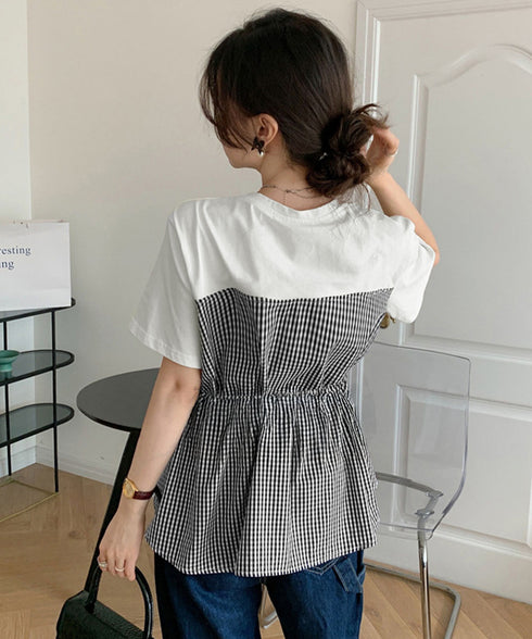 ドッキングペプラムブラウス 半袖トップス レディース ウエストマーク レイヤード風夏服 大人可愛い ウエストギャザートップス 体型カバーカットソーフレアシルエット 83MTHXZ-001