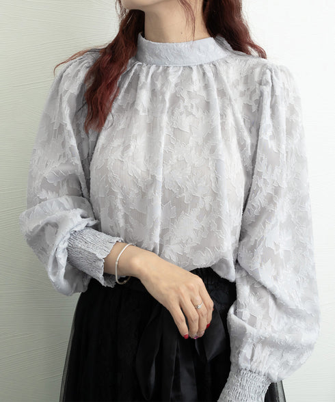 シアーブラウス バルーンスリーブ 韓国風 レディース フラワージャガード 春夏長袖ブラウス 花柄 ぽわん袖 フェミニントップス ギャザーブラウス キレイめ 透け感 83NRHUA-001