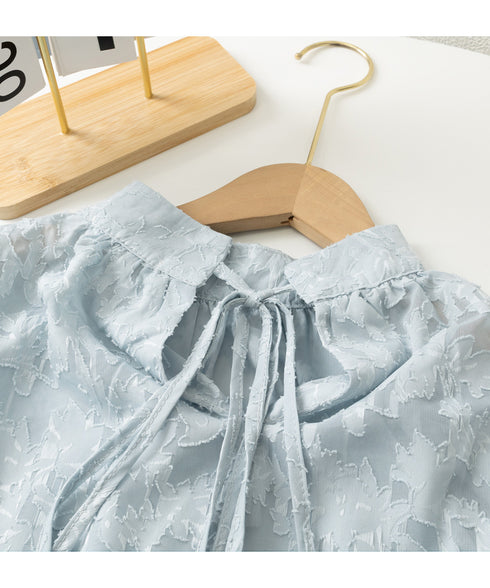 シアーブラウス バルーンスリーブ 韓国風 レディース フラワージャガード 春夏長袖ブラウス 花柄 ぽわん袖 フェミニントップス ギャザーブラウス キレイめ 透け感 83NRHUA-001