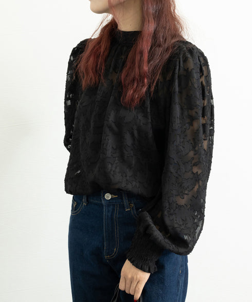 シアーブラウス バルーンスリーブ 韓国風 レディース フラワージャガード 春夏長袖ブラウス 花柄 ぽわん袖 フェミニントップス ギャザーブラウス キレイめ 透け感 83NRHUA-001