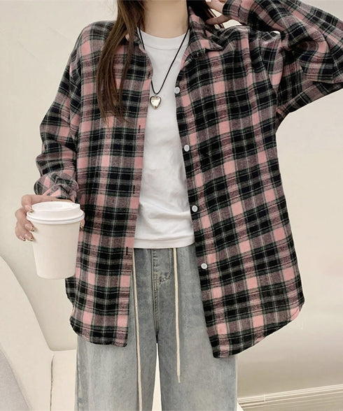 レディースチェックシャツブラウスレトロ風 大人カジュアル チェック柄シャツ ゆったりシャツカーディガン 長袖ライトアウター 体型カバー羽織り韓国風ビッグシャツ四季 83OUQING-002