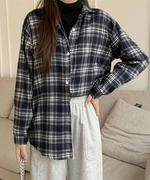 レディースチェックシャツブラウスレトロ風 大人カジュアル チェック柄シャツ ゆったりシャツカーディガン 長袖ライトアウター 体型カバー羽織り韓国風ビッグシャツ四季 83OUQING-002