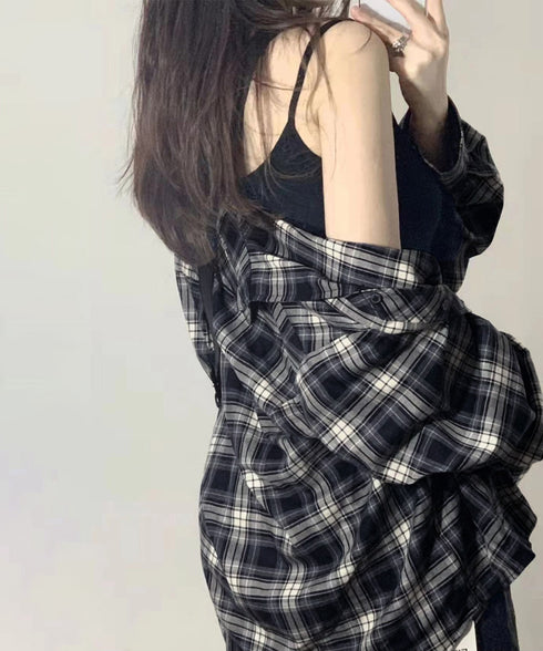 レディースチェックシャツブラウスレトロ風 大人カジュアル チェック柄シャツ ゆったりシャツカーディガン 長袖ライトアウター 体型カバー羽織り韓国風ビッグシャツ四季 83OUQING-002