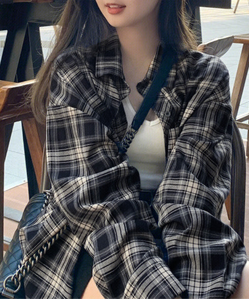 レディースチェックシャツブラウスレトロ風 大人カジュアル チェック柄シャツ ゆったりシャツカーディガン 長袖ライトアウター 体型カバー羽織り韓国風ビッグシャツ四季 83OUQING-002
