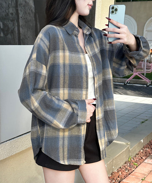 レディースチェックシャツブラウスレトロ風 大人カジュアル チェック柄シャツ ゆったりシャツカーディガン 長袖ライトアウター 体型カバー羽織り韓国風ビッグシャツ四季 83OUQING-002