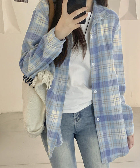 レディースチェックシャツブラウスレトロ風 大人カジュアル チェック柄シャツ ゆったりシャツカーディガン 長袖ライトアウター 体型カバー羽織り韓国風ビッグシャツ四季 83OUQING-002