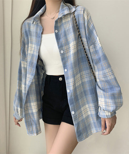 レディースチェックシャツブラウスレトロ風 大人カジュアル チェック柄シャツ ゆったりシャツカーディガン 長袖ライトアウター 体型カバー羽織り韓国風ビッグシャツ四季 83OUQING-002