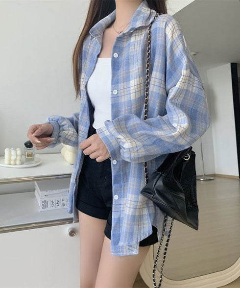 レディースチェックシャツブラウスレトロ風 大人カジュアル チェック柄シャツ ゆったりシャツカーディガン 長袖ライトアウター 体型カバー羽織り韓国風ビッグシャツ四季 83OUQING-002