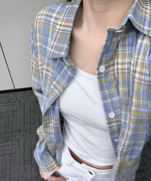 レディースチェックシャツブラウスレトロ風 大人カジュアル チェック柄シャツ ゆったりシャツカーディガン 長袖ライトアウター 体型カバー羽織り韓国風ビッグシャツ四季 83OUQING-002