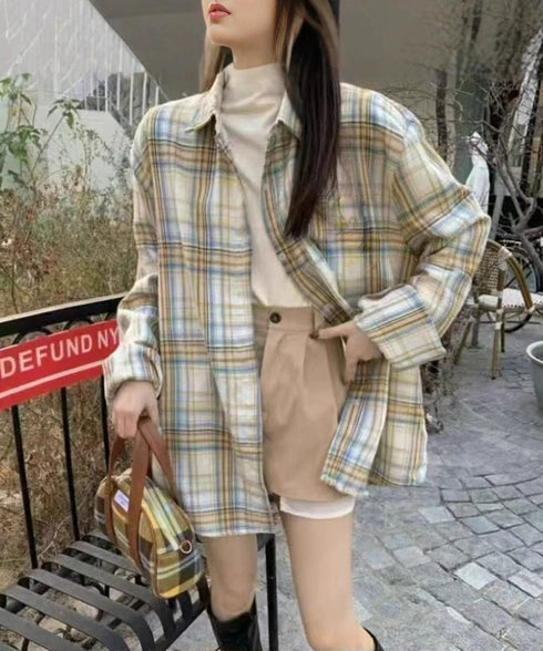 レディースチェックシャツブラウスレトロ風 大人カジュアル チェック柄シャツ ゆったりシャツカーディガン 長袖ライトアウター 体型カバー羽織り韓国風ビッグシャツ四季 83OUQING-002