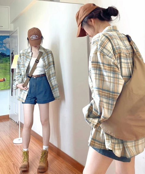 レディースチェックシャツブラウスレトロ風 大人カジュアル チェック柄シャツ ゆったりシャツカーディガン 長袖ライトアウター 体型カバー羽織り韓国風ビッグシャツ四季 83OUQING-002