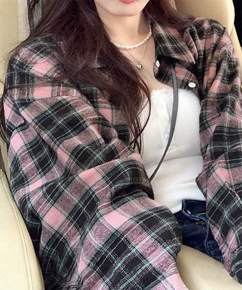 レディースチェックシャツブラウスレトロ風 大人カジュアル チェック柄シャツ ゆったりシャツカーディガン 長袖ライトアウター 体型カバー羽織り韓国風ビッグシャツ四季 83OUQING-002