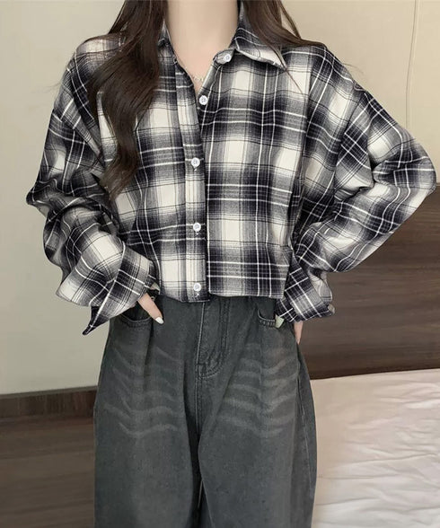 レディースチェックシャツブラウスレトロ風 大人カジュアル チェック柄シャツ ゆったりシャツカーディガン 長袖ライトアウター 体型カバー羽織り韓国風ビッグシャツ四季 83OUQING-002
