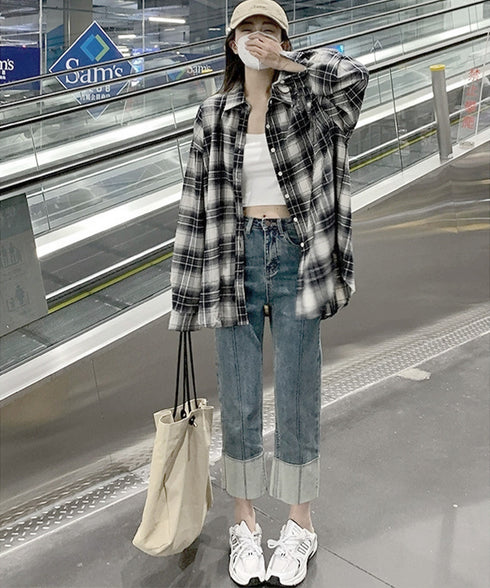レディースチェックシャツブラウスレトロ風 大人カジュアル チェック柄シャツ ゆったりシャツカーディガン 長袖ライトアウター 体型カバー羽織り韓国風ビッグシャツ四季 83OUQING-002