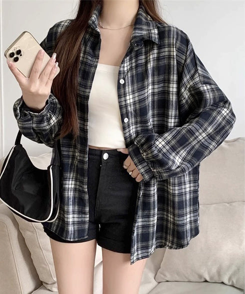レディースチェックシャツブラウスレトロ風 大人カジュアル チェック柄シャツ ゆったりシャツカーディガン 長袖ライトアウター 体型カバー羽織り韓国風ビッグシャツ四季 83OUQING-002