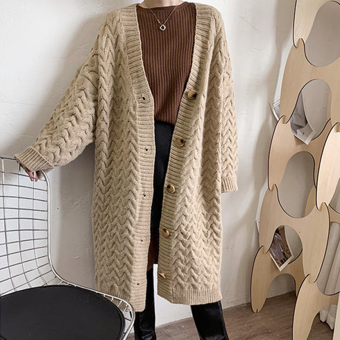 ケーブル編みニットカーディガンロング ニットカーディガン レトロ レディース 厚手 長袖 Vネック アウター 羽織り 秋冬 体型カバー 韓国風 ニットコート 83PYXS-006