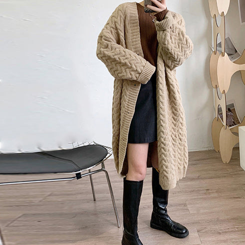 ケーブル編みニットカーディガンロング ニットカーディガン レトロ レディース 厚手 長袖 Vネック アウター 羽織り 秋冬 体型カバー 韓国風 ニットコート 83PYXS-006