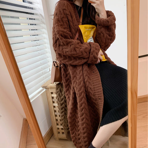ケーブル編みニットカーディガンロング ニットカーディガン レトロ レディース 厚手 長袖 Vネック アウター 羽織り 秋冬 体型カバー 韓国風 ニットコート 83PYXS-006