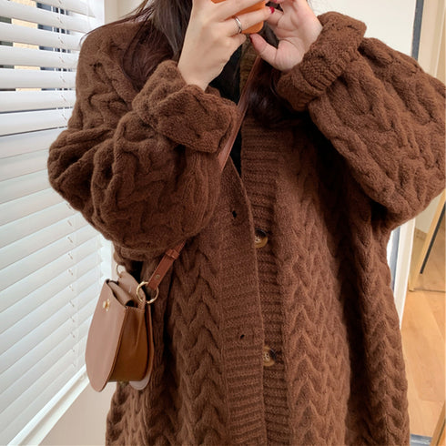 ケーブル編みニットカーディガンロング ニットカーディガン レトロ レディース 厚手 長袖 Vネック アウター 羽織り 秋冬 体型カバー 韓国風 ニットコート 83PYXS-006