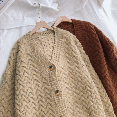 ケーブル編みニットカーディガンロング ニットカーディガン レトロ レディース 厚手 長袖 Vネック アウター 羽織り 秋冬 体型カバー 韓国風 ニットコート 83PYXS-006