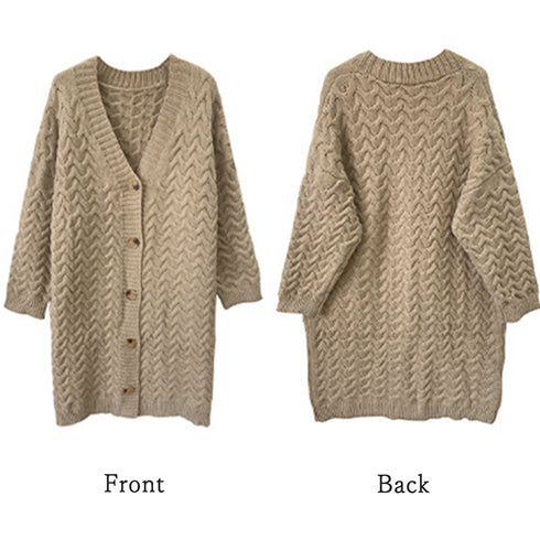 ケーブル編みニットカーディガンロング ニットカーディガン レトロ レディース 厚手 長袖 Vネック アウター 羽織り 秋冬 体型カバー 韓国風 ニットコート 83PYXS-006