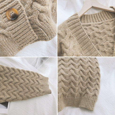 ケーブル編みニットカーディガンロング ニットカーディガン レトロ レディース 厚手 長袖 Vネック アウター 羽織り 秋冬 体型カバー 韓国風 ニットコート 83PYXS-006