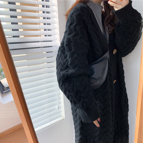 ケーブル編みニットカーディガンロング ニットカーディガン レトロ レディース 厚手 長袖 Vネック アウター 羽織り 秋冬 体型カバー 韓国風 ニットコート 83PYXS-006