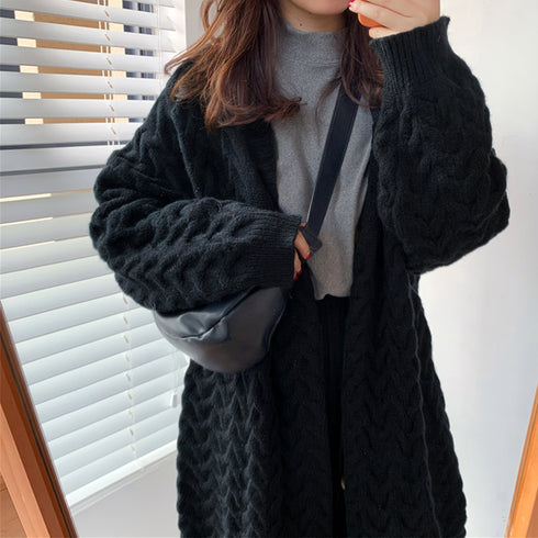 ケーブル編みニットカーディガンロング ニットカーディガン レトロ レディース 厚手 長袖 Vネック アウター 羽織り 秋冬 体型カバー 韓国風 ニットコート 83PYXS-006