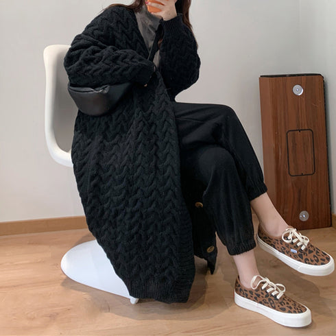 ケーブル編みニットカーディガンロング ニットカーディガン レトロ レディース 厚手 長袖 Vネック アウター 羽織り 秋冬 体型カバー 韓国風 ニットコート 83PYXS-006