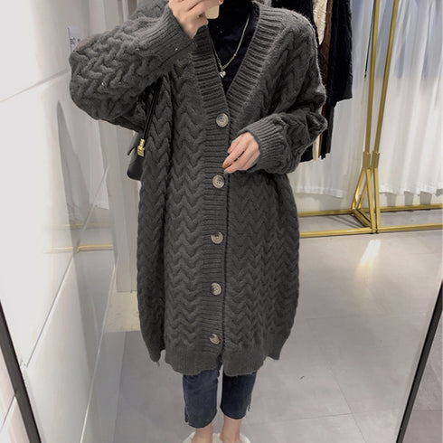 ケーブル編みニットカーディガンロング ニットカーディガン レトロ レディース 厚手 長袖 Vネック アウター 羽織り 秋冬 体型カバー 韓国風 ニットコート 83PYXS-006