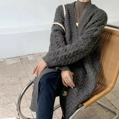 ケーブル編みニットカーディガンロング ニットカーディガン レトロ レディース 厚手 長袖 Vネック アウター 羽織り 秋冬 体型カバー 韓国風 ニットコート 83PYXS-006