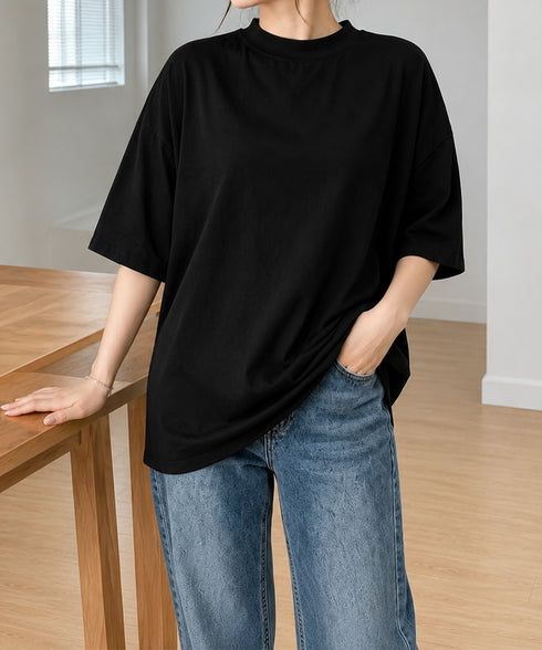 オーバーサイズTシャツ無地半袖レディース ゆったり おしゃれカットソー クルーネック ビッグtシャツ 大人カジュアルトップス 五分袖 体型カバー夏服 韓国風楽ちん 83QIANHUI-001
