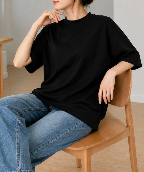 オーバーサイズTシャツ無地半袖レディース ゆったり おしゃれカットソー クルーネック ビッグtシャツ 大人カジュアルトップス 五分袖 体型カバー夏服 韓国風楽ちん 83QIANHUI-001