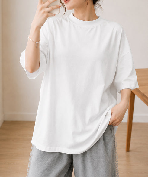 オーバーサイズTシャツ無地半袖レディース ゆったり おしゃれカットソー クルーネック ビッグtシャツ 大人カジュアルトップス 五分袖 体型カバー夏服 韓国風楽ちん 83QIANHUI-001