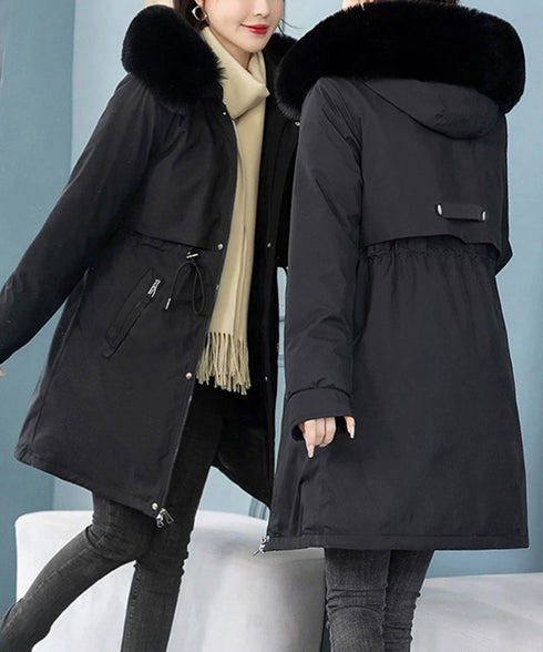 中綿ジャケット韓国風フェイクダウンコート レディース ミドル丈あったかアウター ヨーク付きコート ウエストマーク防風防寒コート ふわふわファーフード付きジャケット 83QUANLING-001