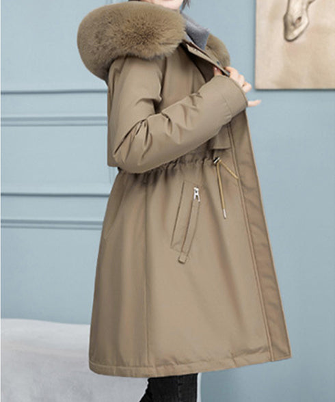 中綿ジャケット韓国風フェイクダウンコート レディース ミドル丈あったかアウター ヨーク付きコート ウエストマーク防風防寒コート ふわふわファーフード付きジャケット 83QUANLING-001