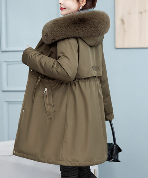 中綿ジャケット韓国風フェイクダウンコート レディース ミドル丈あったかアウター ヨーク付きコート ウエストマーク防風防寒コート ふわふわファーフード付きジャケット 83QUANLING-001